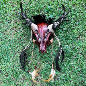 Red Devil Black Deer Horn Skull Halloween Mask